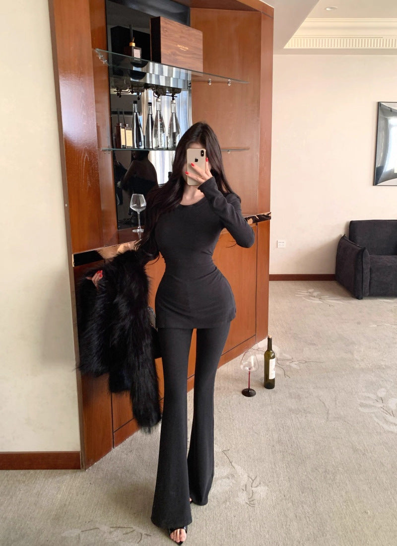 Slimming Round-neck T-shirt And Flared Pants Two-piece Set