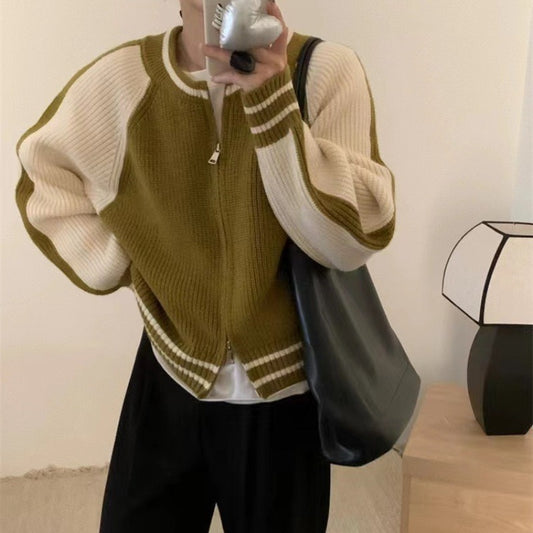 Double Zipper Knitted Cardigan Coat Round Neck Loose And Lazy Style