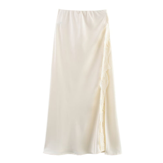 Spring And Summer Side Slit Lace Elastic Waist Satin Skirt Long Skirt