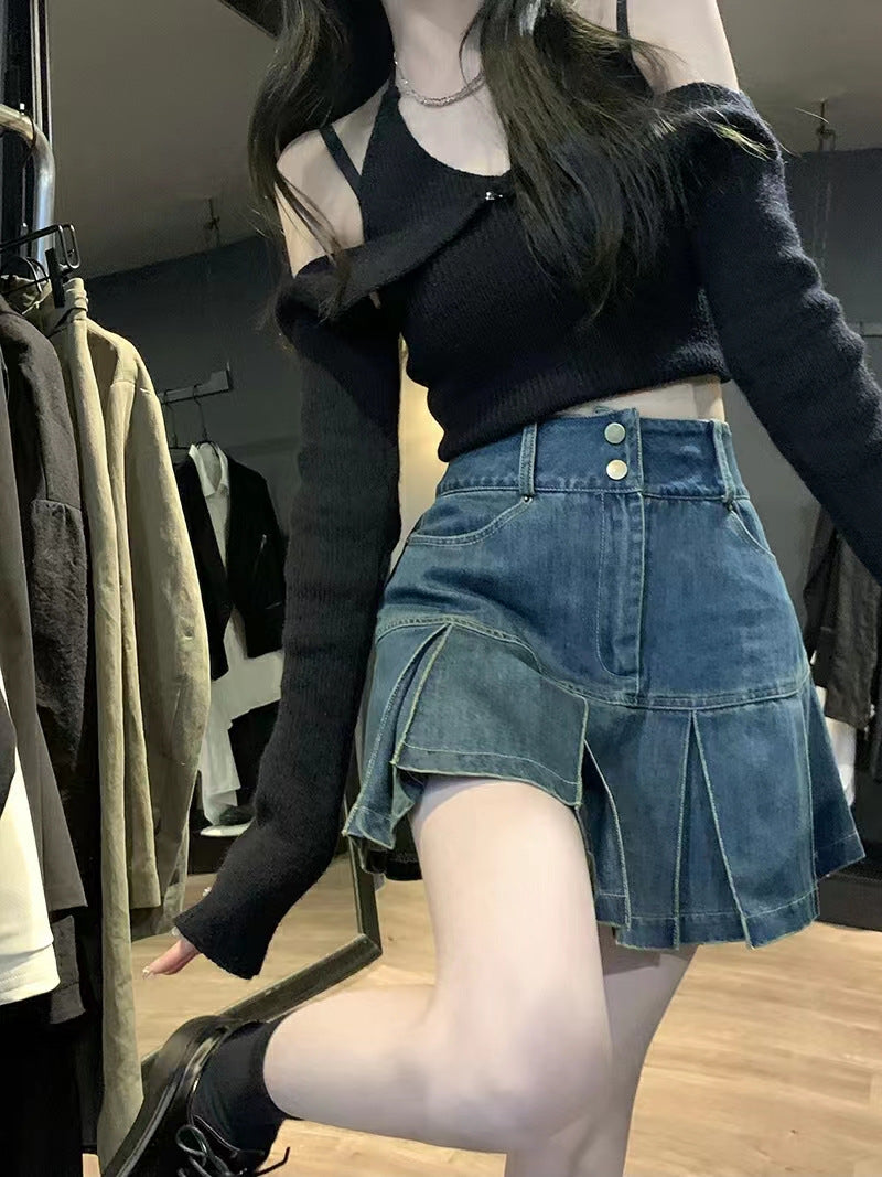 Denim Skirt Pear-shaped High Waist Slimming Sense Of Design Pleated A- Line Sheath Little Short Dress