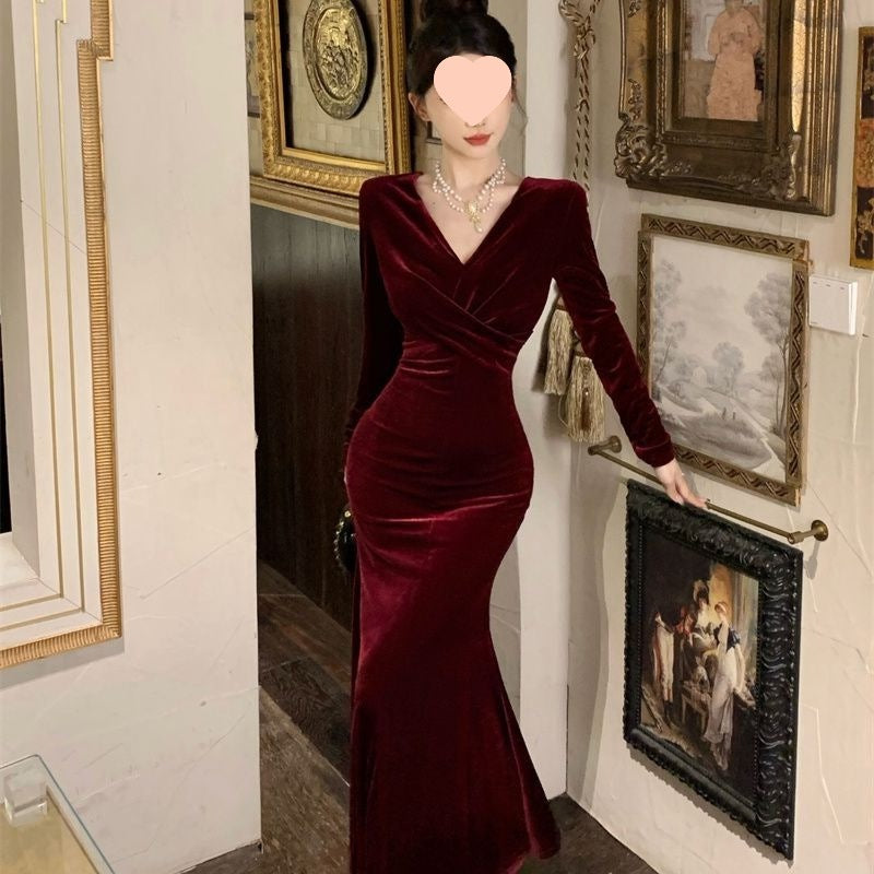 Red SpringAutumn Velvet Dress Velvet Gown