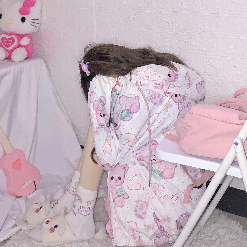 Women's Summer Bear Print Hooded Trench Thin Coat