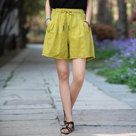 Vintage Raw-edged Drawstring Casual Loose Linen Five-point Wide-leg Pants