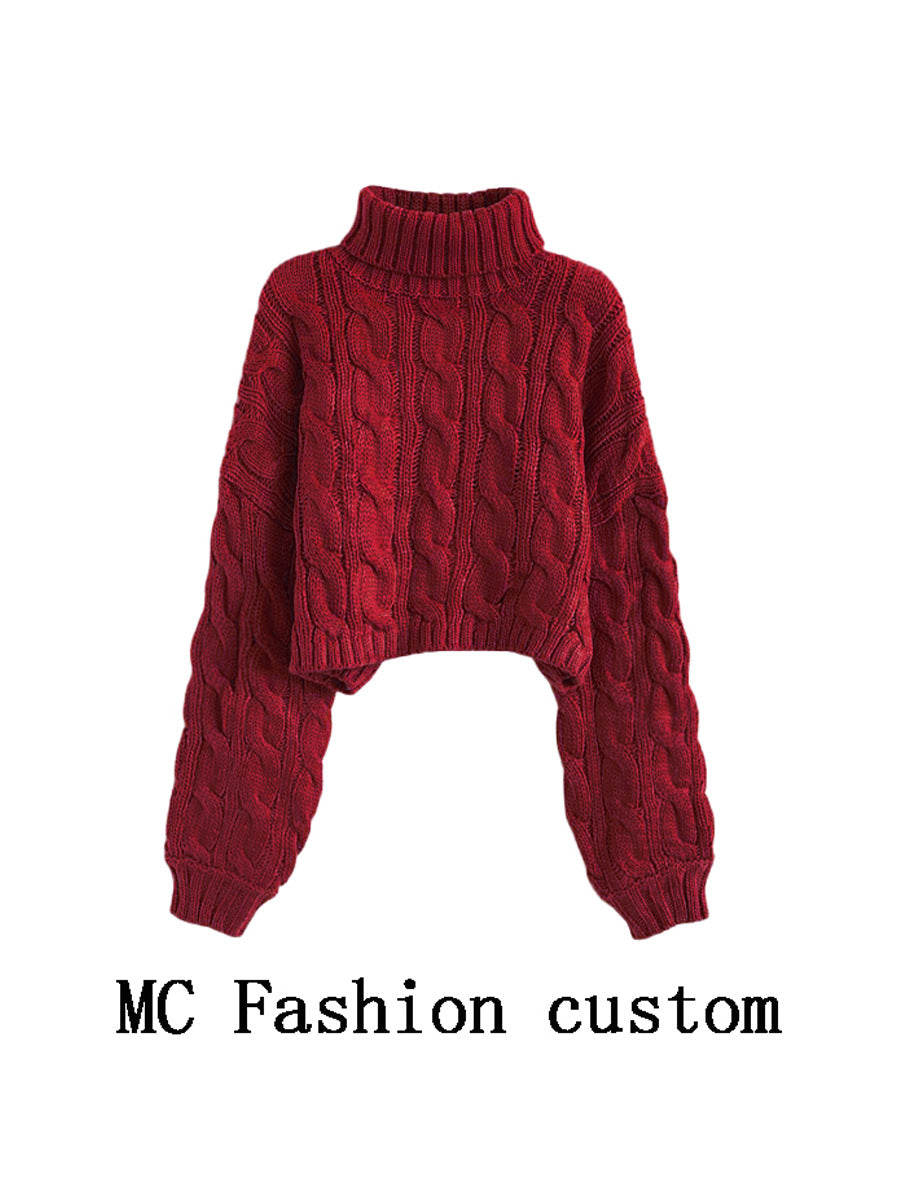 Turtleneck Pullover Short Cable-knit Sweater Women