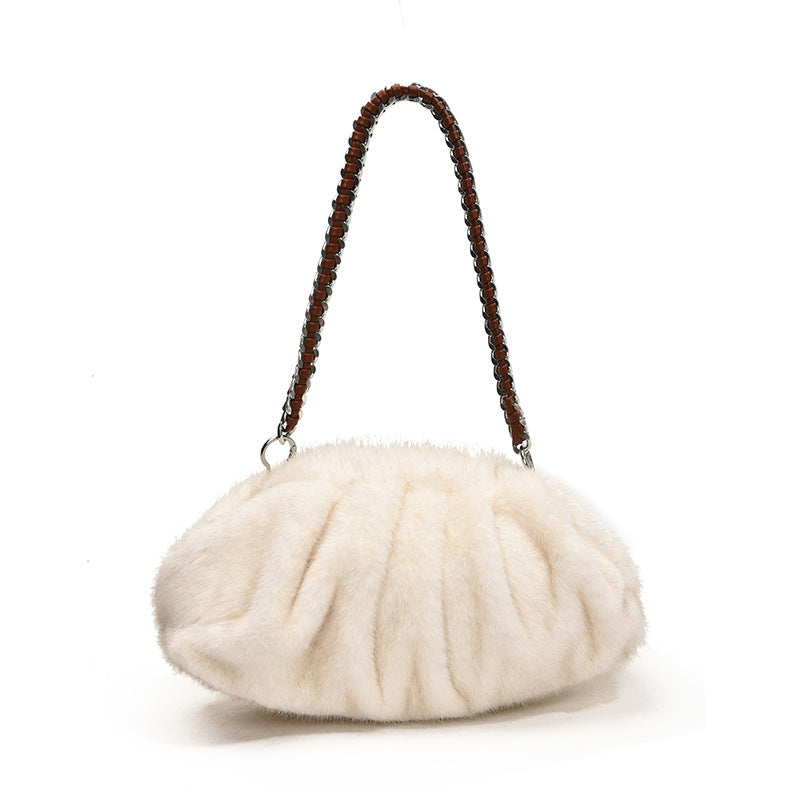 Faux Mink Fur Pleated Cloud Plush Shoulder Bag