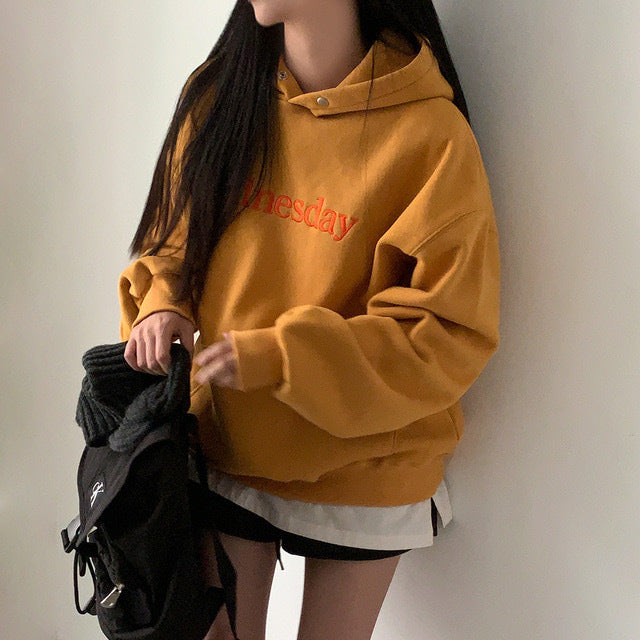 South Korea Chic Winter Student Loose Embroidery Hooded Fleece Lined Sweater