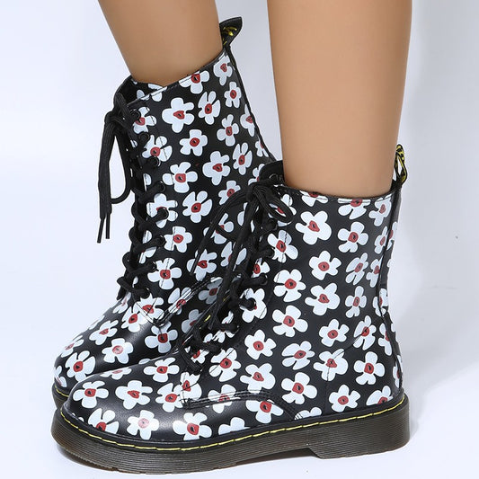 Women's Thick Bottom Square Toe Laces Casual Boots