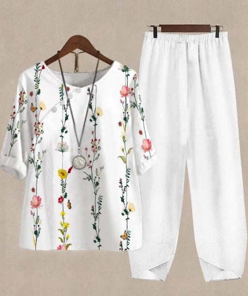 Womens Casual Crew-Neck Cropped-Sleeve Top Set