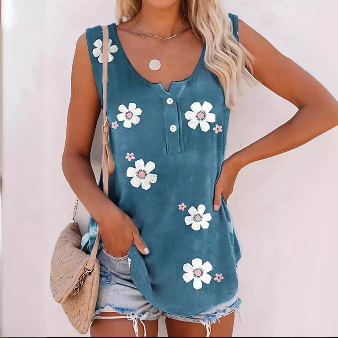 Women's Flower Print Vest Casual Fashion Round Neck Top
