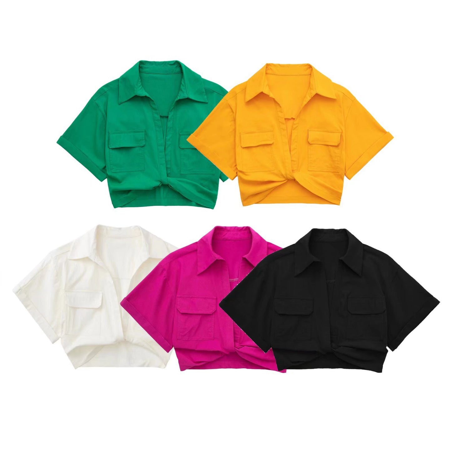 Solid Color Versatile Knot Embellishment Double Pocket Short Sleeved Shirt
