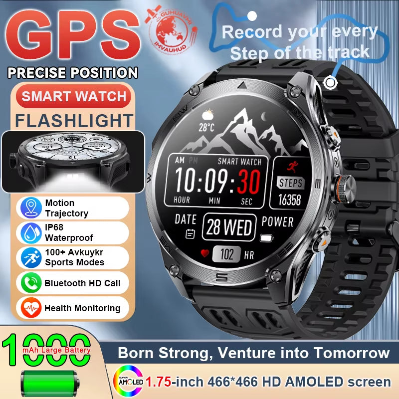 1.75''AMOLED Screen Smart Watch Men 10ATM Waterproof Compass GPS Smartwatch Bluetooth Call 1000Mah Large Battery Sports Bracelet