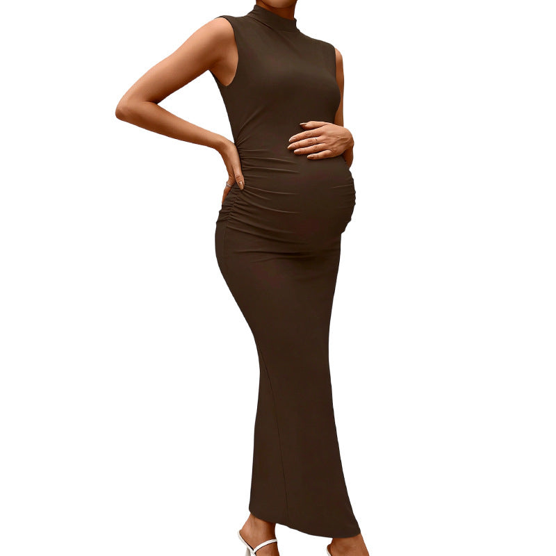 Solid-color Tight-fitting Sleeveless Turtleneck Dress
