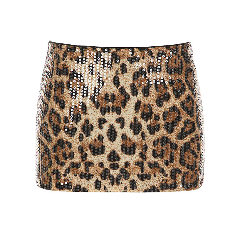 Dame Contrastfarve Strækbar Leopardprint Paillet Skinnende Hofteskørt