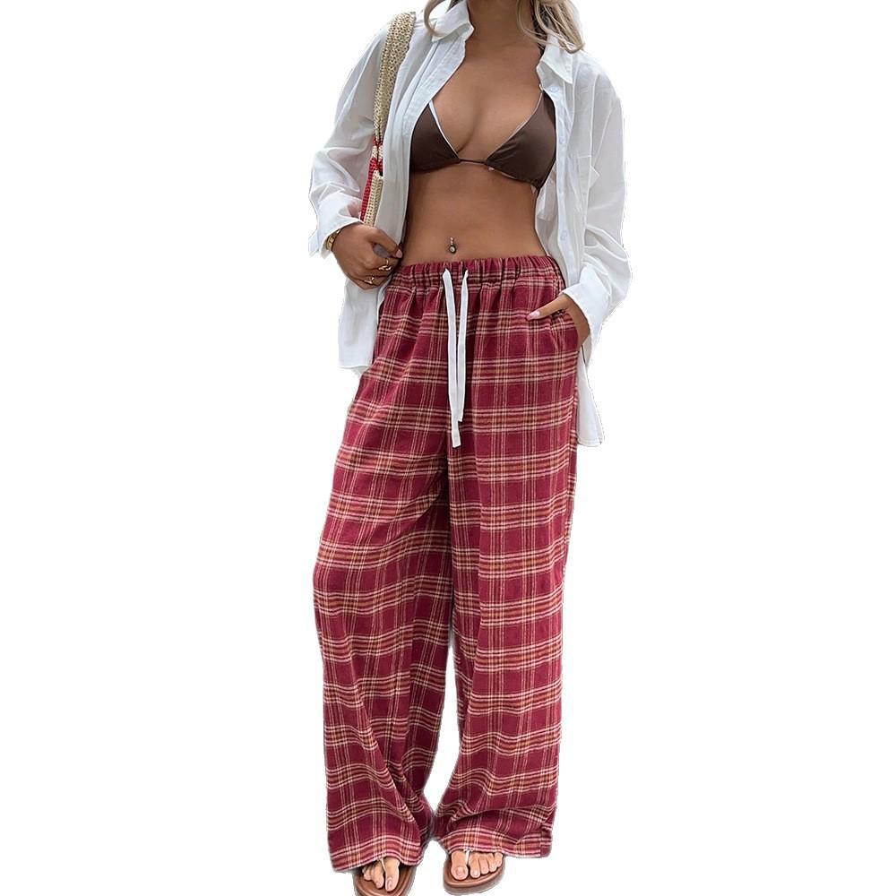 Womens Retro American-Style Color-Block Plaid Casual Pants