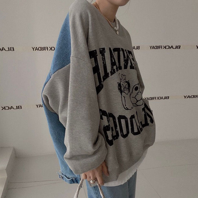 Afslappet langærmet denim-patchwork sweater til kvinder