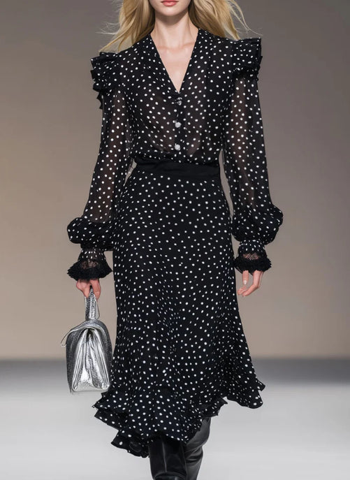 Retro Vacation Polka Dot Black Chiffon Long sleeved Shirt And Skirt Set