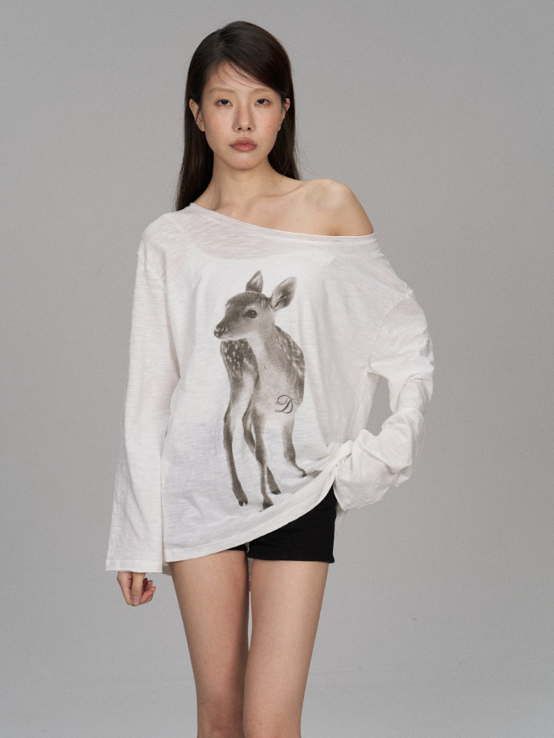 Off-the-shoulder Tunic With A Sika Deer Print Slightly Sheer Loose-fitting And Relaxed-style Long-sleeve T-shirt