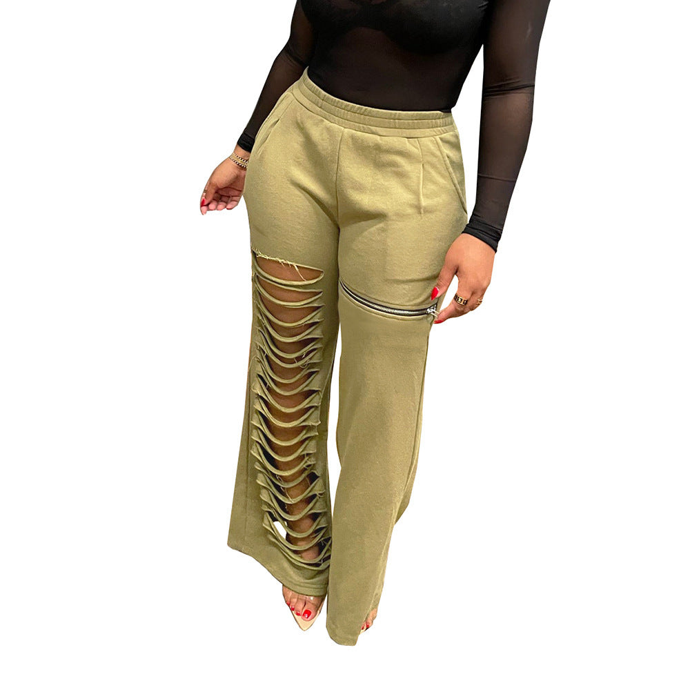 Womens Loose Casual Pants With Hollowed-Out Burnout Zipper Pockets