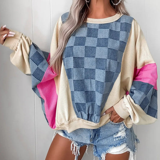 Sky Blue Oversized Checkered Denim Exposed Seam Patchwork Casual Sweatshirt