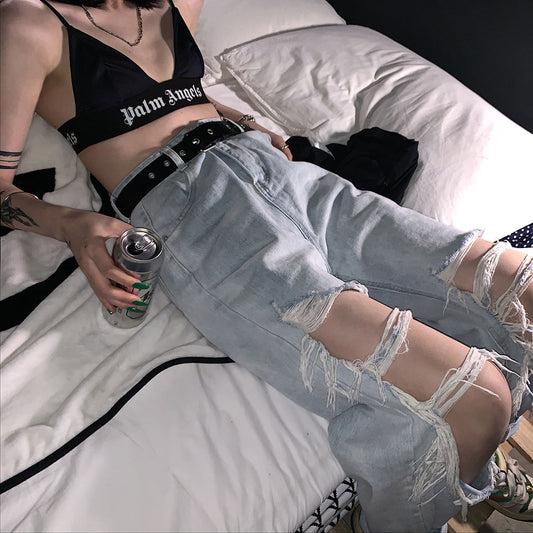 Dame Ripped Wide Leg Jeans Straight High Waist