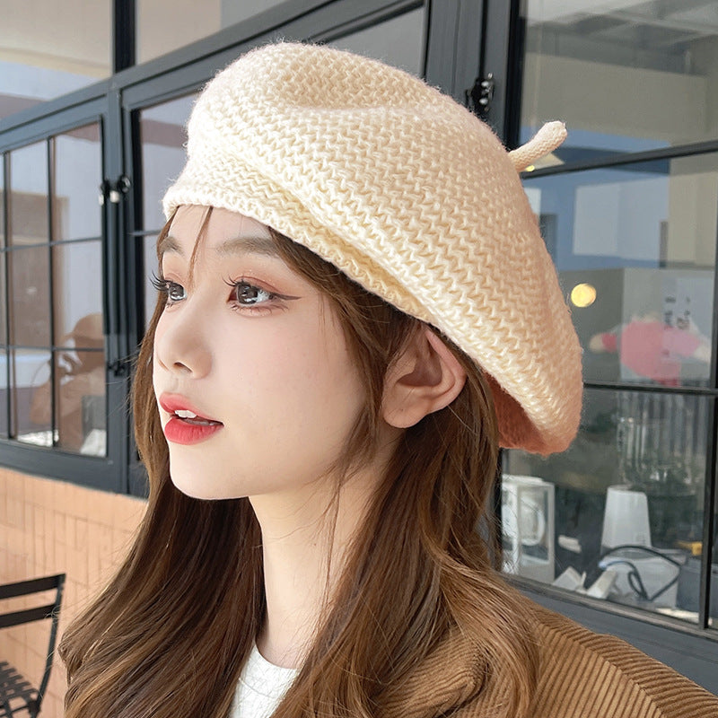 Knitted Beret Women's Ripple Wide Brim Simple And Fashionable