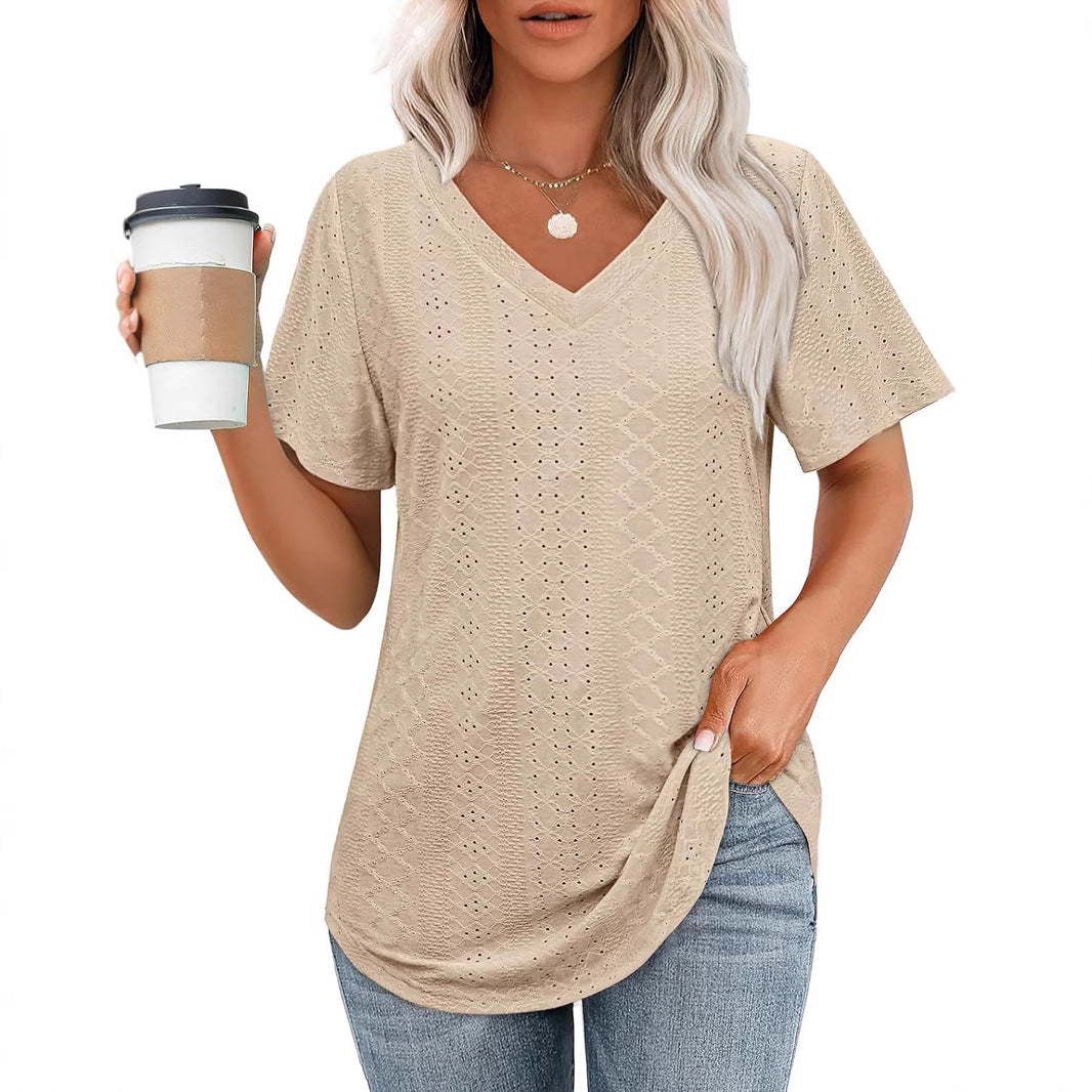 Hollow-out Airy Casual V-Neck Short Sleeve