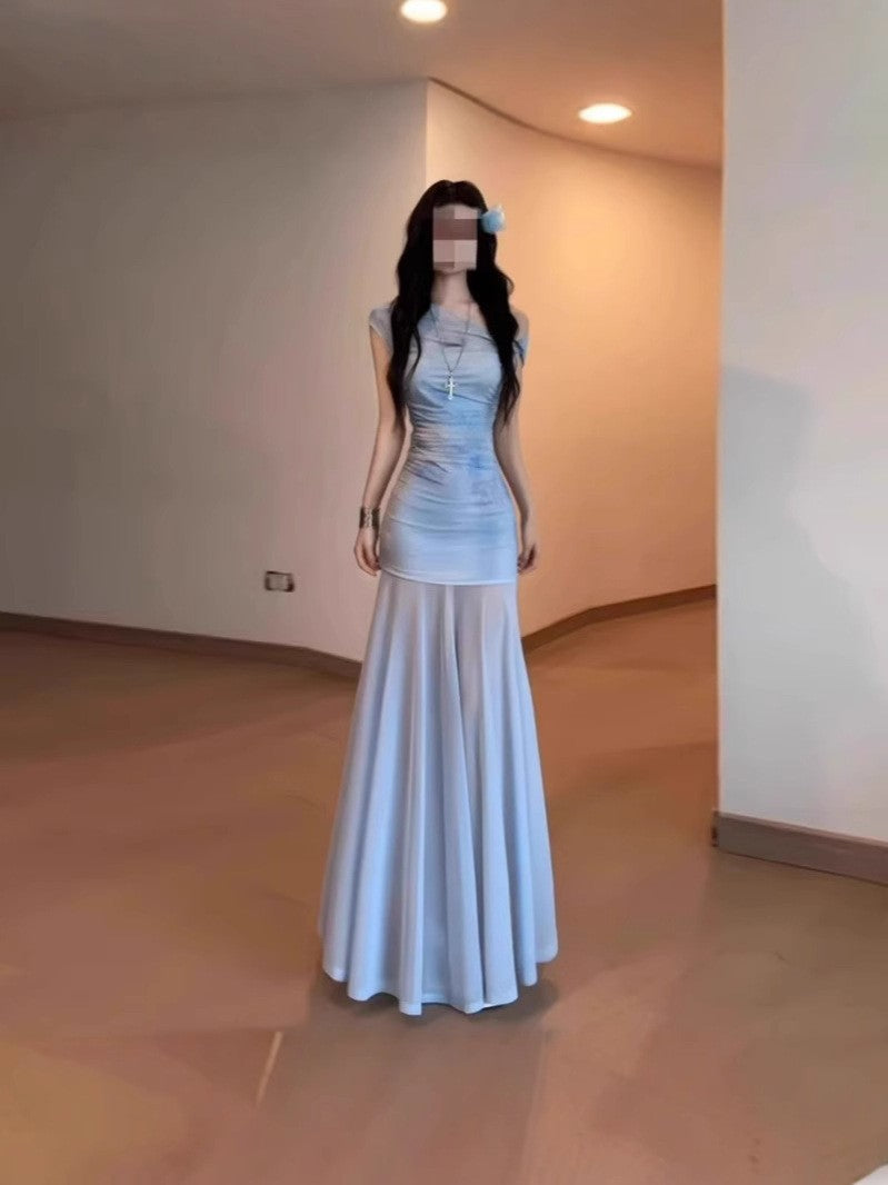 Women's Blue Mesh Off-shoulder Dress