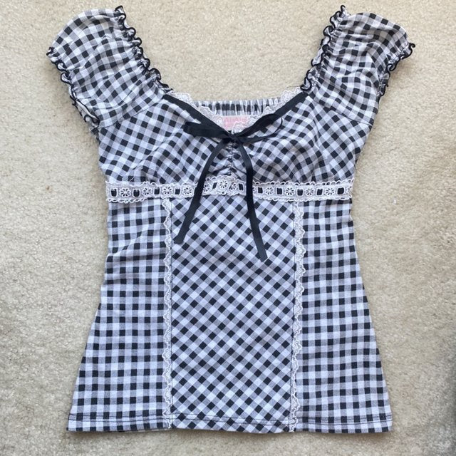 Plaid Lace Knitted Bow Slim Fit Sleeveless T-shirt