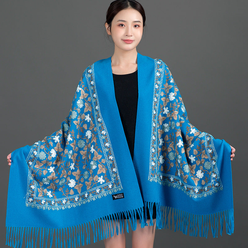 Embroidered Shawl Warmth And Thick Fringed Cashmere Scarf