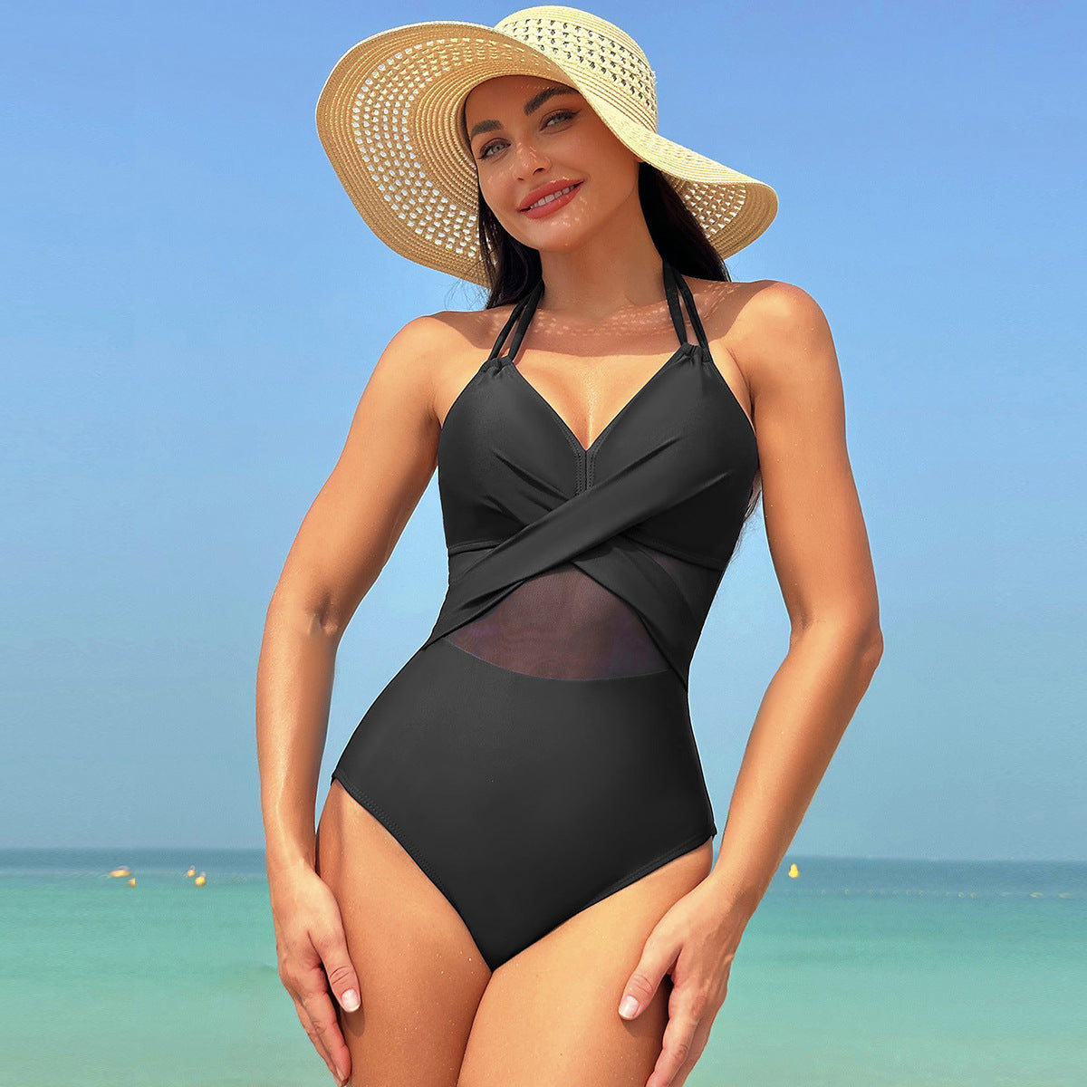 Halter-Neck One-Piece Swimsuit Summer Solid Color Cross-Strap Design Mesh Bikini Beach Vacation Womens Clothing