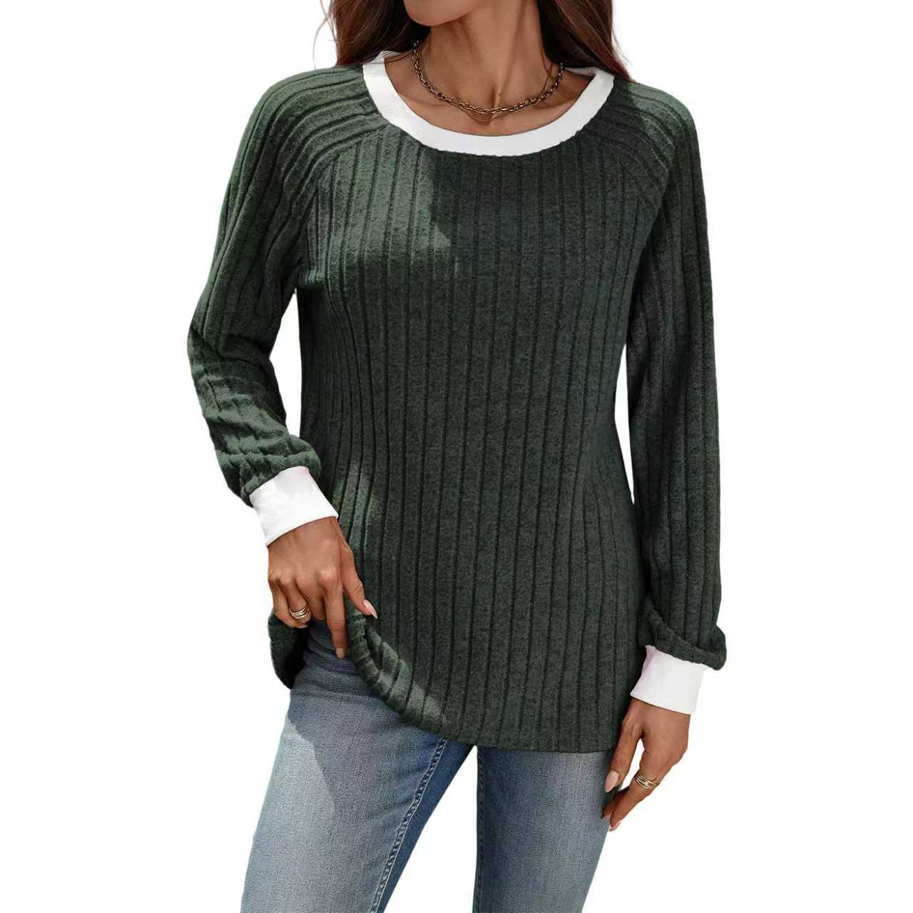 European And American Autumn And Winter Round Neck Contrast Color Long Sleeves Sunken Stripe T-shirt