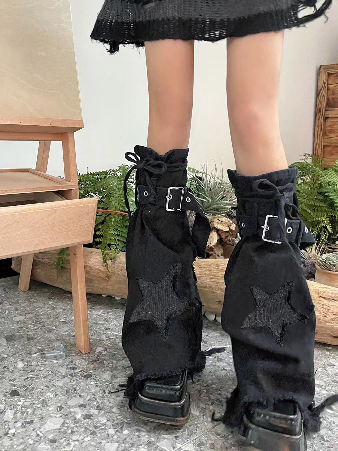 Embroidery Tie-neck Denim Retro Slightly Flared Leg Warmer Women's Mid Tube Stockings