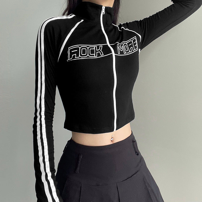 Reverslynlås Kontrastfarvet Fletværk Syning Langærmet Sweater Basic Slim Fit Hot Girl Bogstav Efterår Vinter Jakke