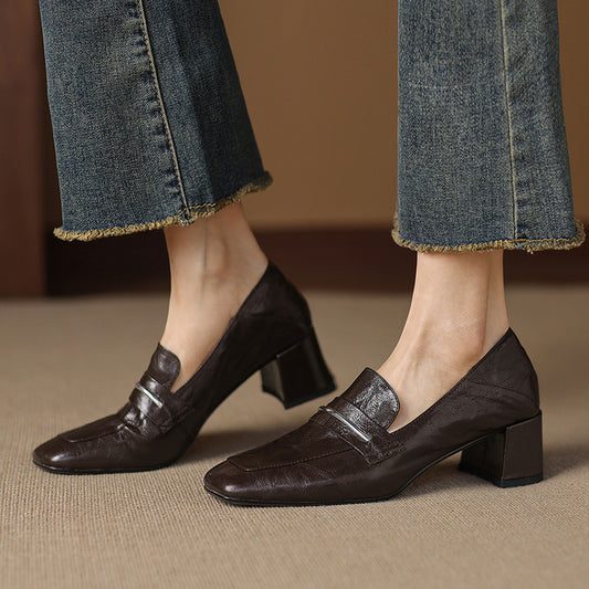 Womens Solid-color Square-toe Chunky-heel Sheepskin High Heels