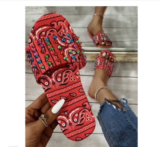 European And American New Style Printed Toe Flat Rivet Casual Sandals And Slippers
