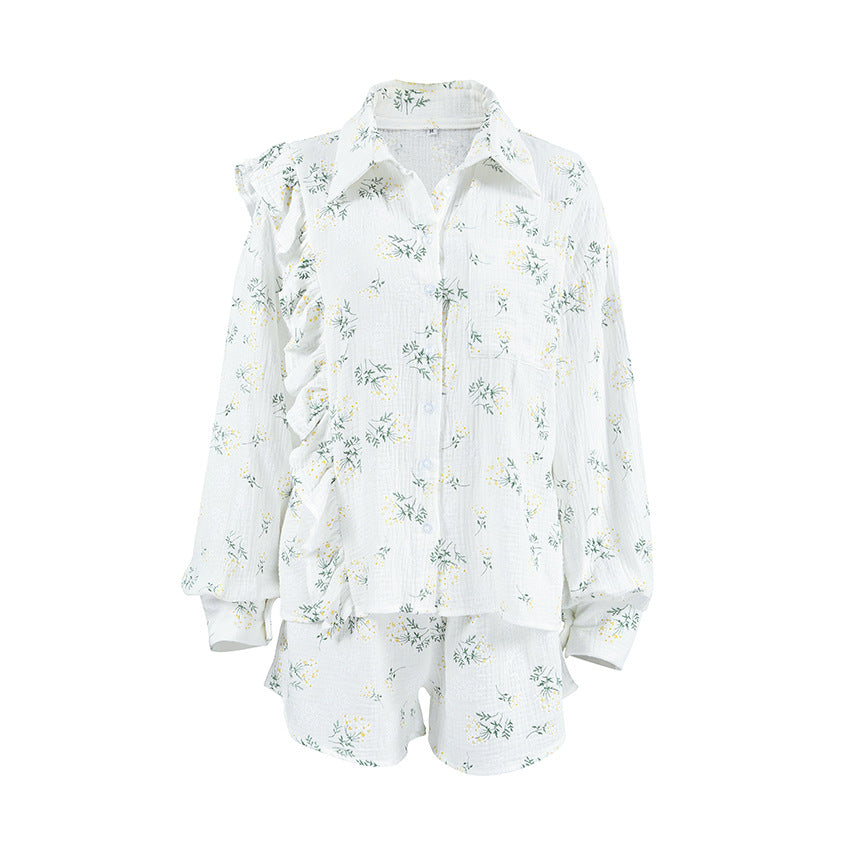Womens Pure Cotton Printed Ruffle-Trim Long-Sleeve Shorts Pajama Set