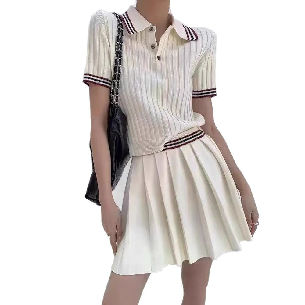 Womens Short Knitted Pleated Skirt Two-Piece Set
