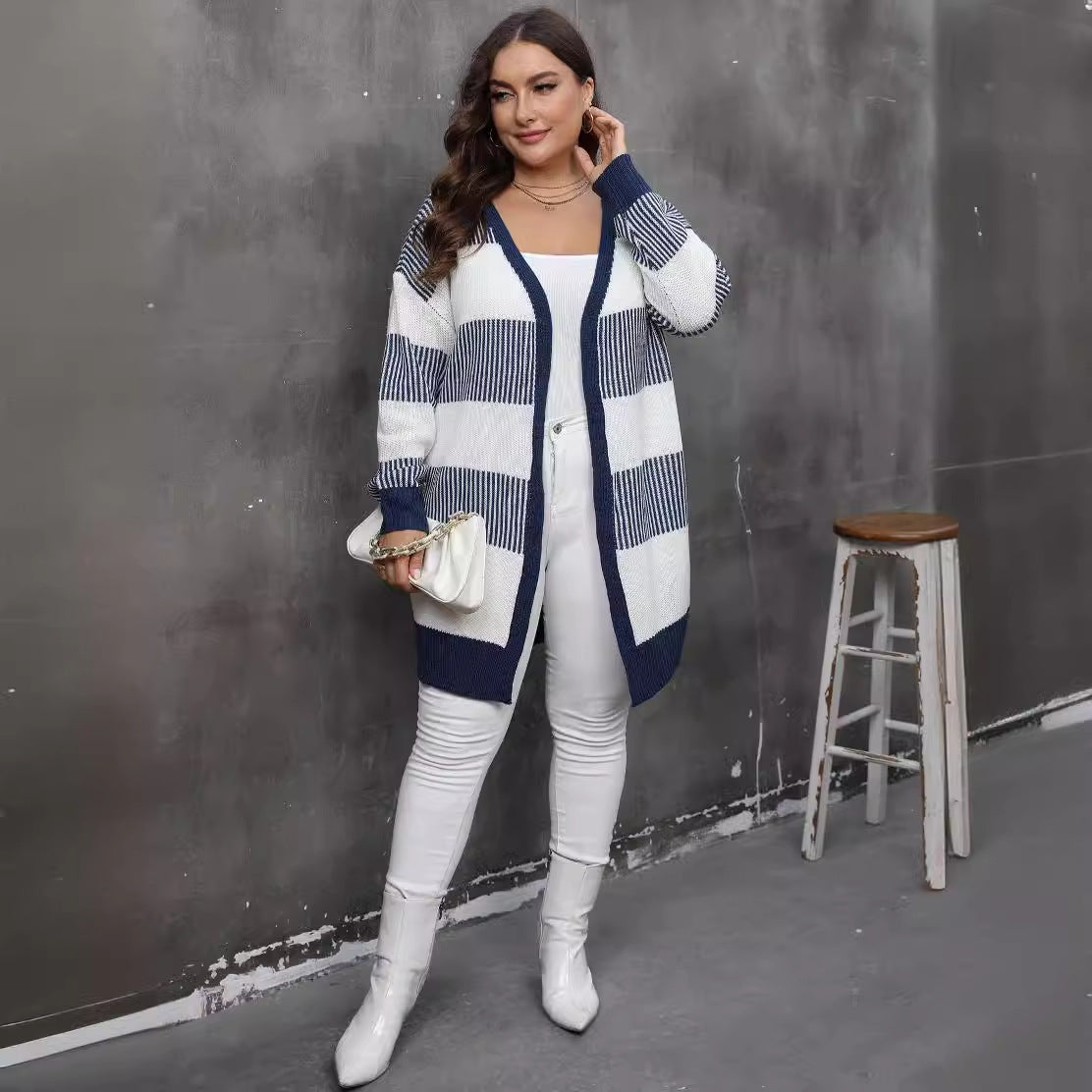 Contrast Color Striped Stitching Woven Casual Sweater Coat