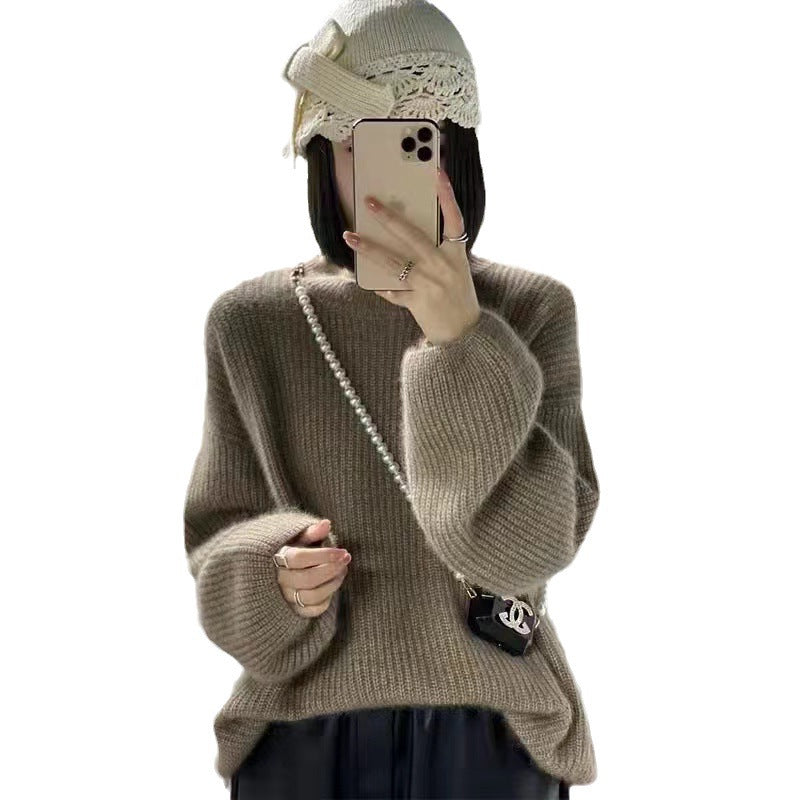 Round Neck Lantern Sleeve Knitted Sweater Lazy Style