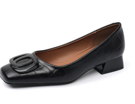 Womens Retro Square-Toe Leather Shoes Low-Heel Chunky-Heel Pumps