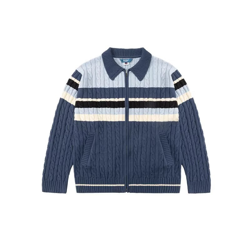 Twisted Woolen Yarn Striped Double-headed Zipper Cardigan Sweater