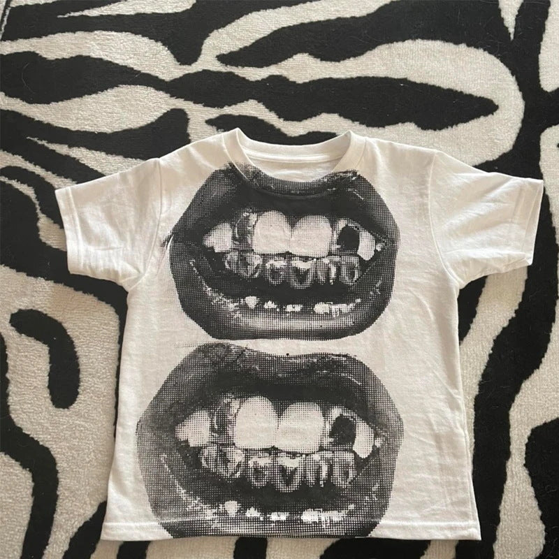 Europæisk og amerikansk retrotrykt udenrigshandel T-shirt sød ensfarvet