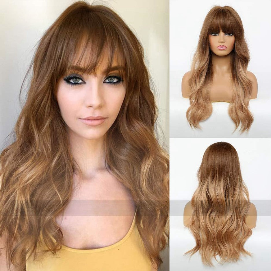 Women's Black Brown Bangs Long Curly Wig