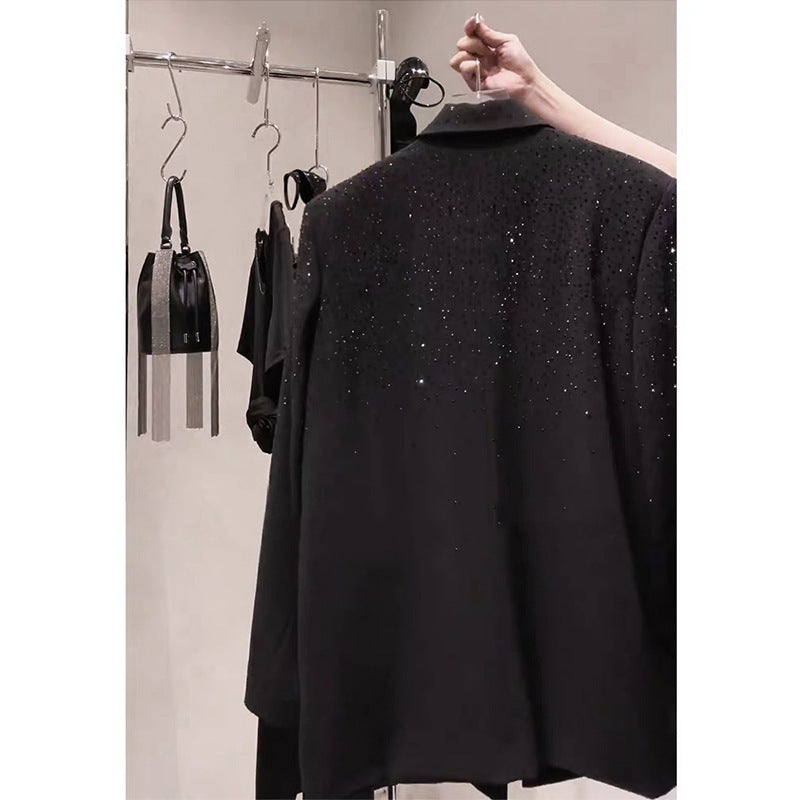 Black Niche Design Rhinestone Suit Jacket For Women