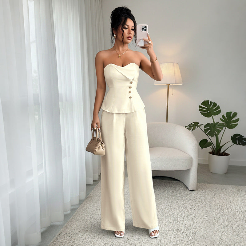 Off-the-shoulder Top And Wide-leg Pants Solid-color Set