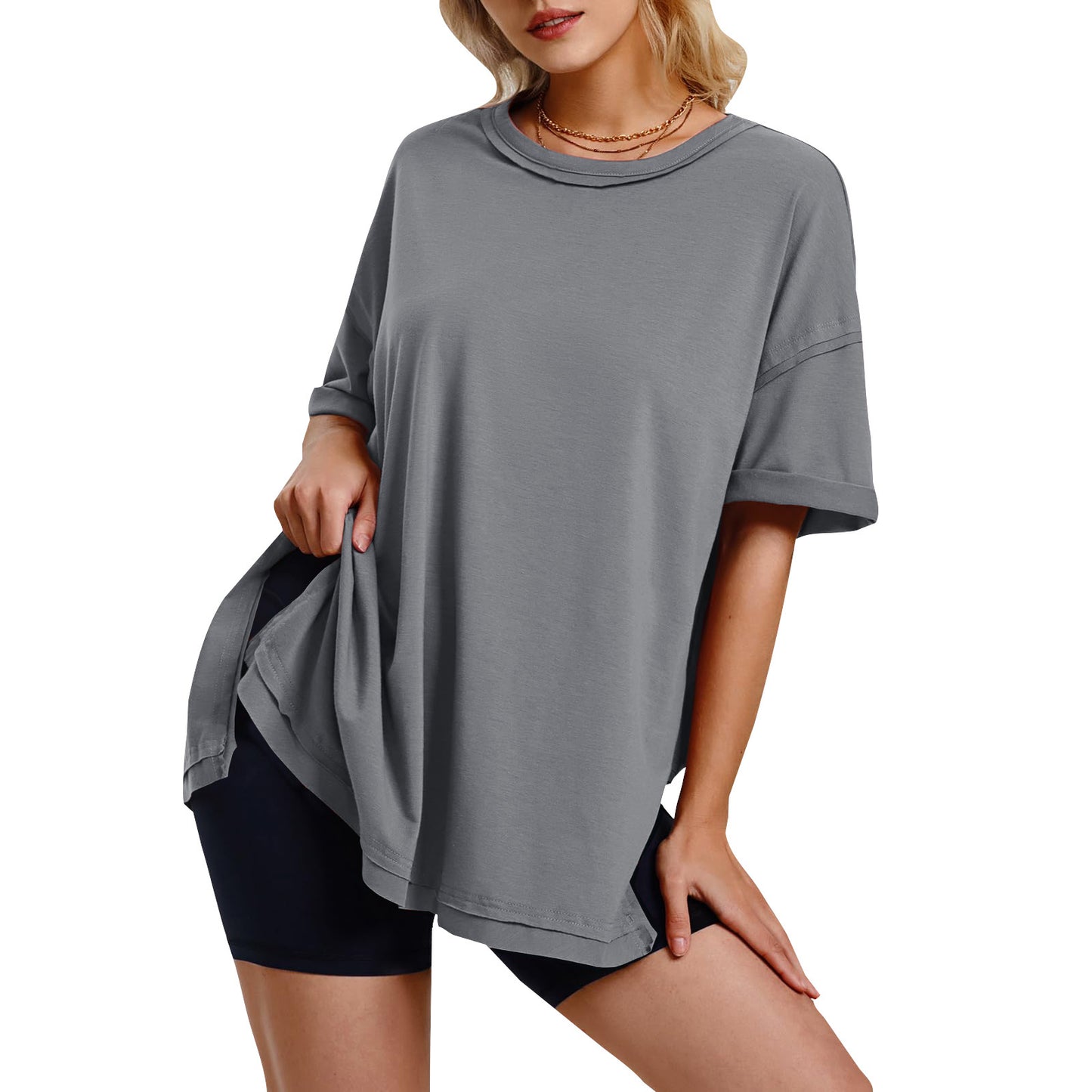 Women's Solid Color Cotton Round Neck Slits On Both Sides Loose T-shirt