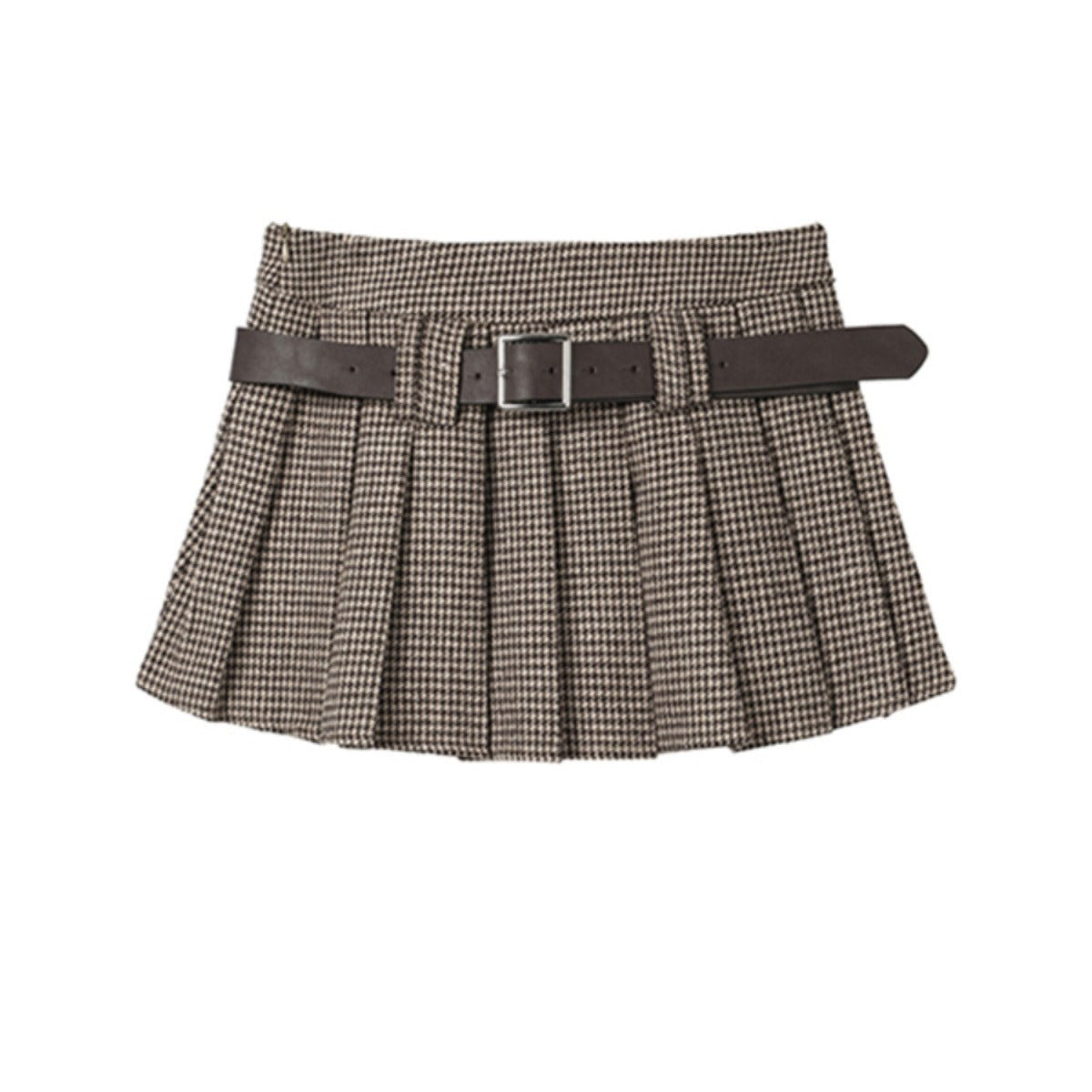 Retro College Houndstooth Pleated Skirt A- Line High Waist