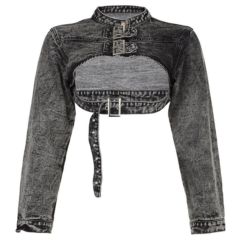 Street Vintage Washed Japanese Buckle Ribbon Denim Blouse Handsome Hot Girl Slim Fit Belt Short Coat