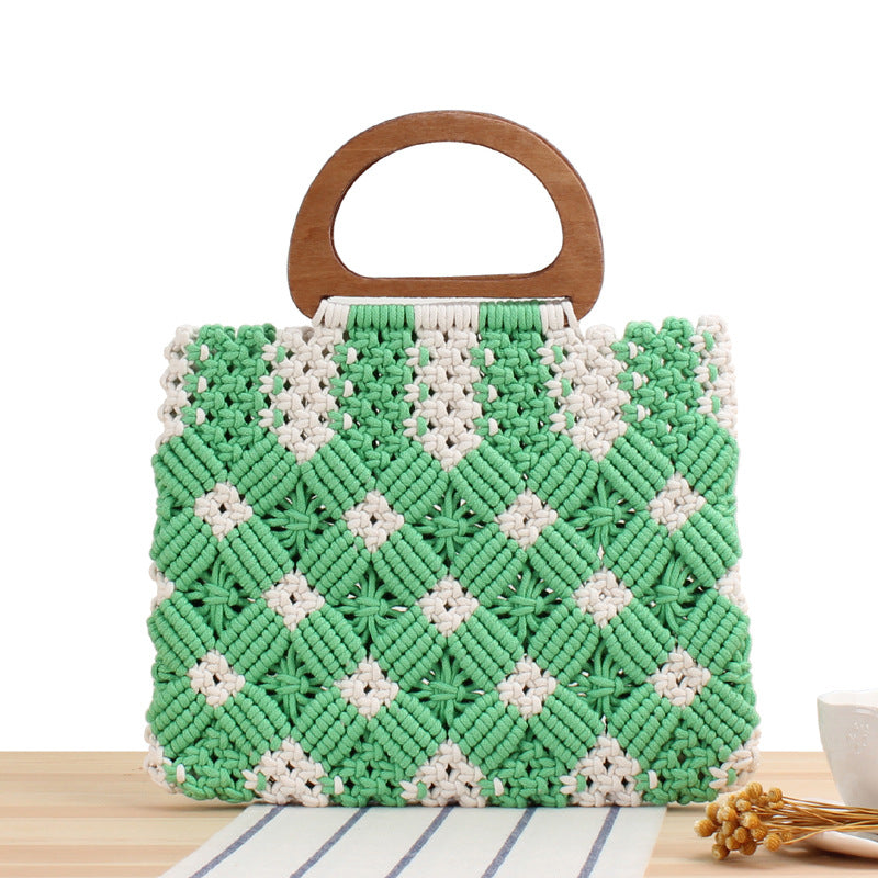 Female  Wood Plaid Straw Lace Portable Leisure Hand Carry Cotton Rope Braided Bag