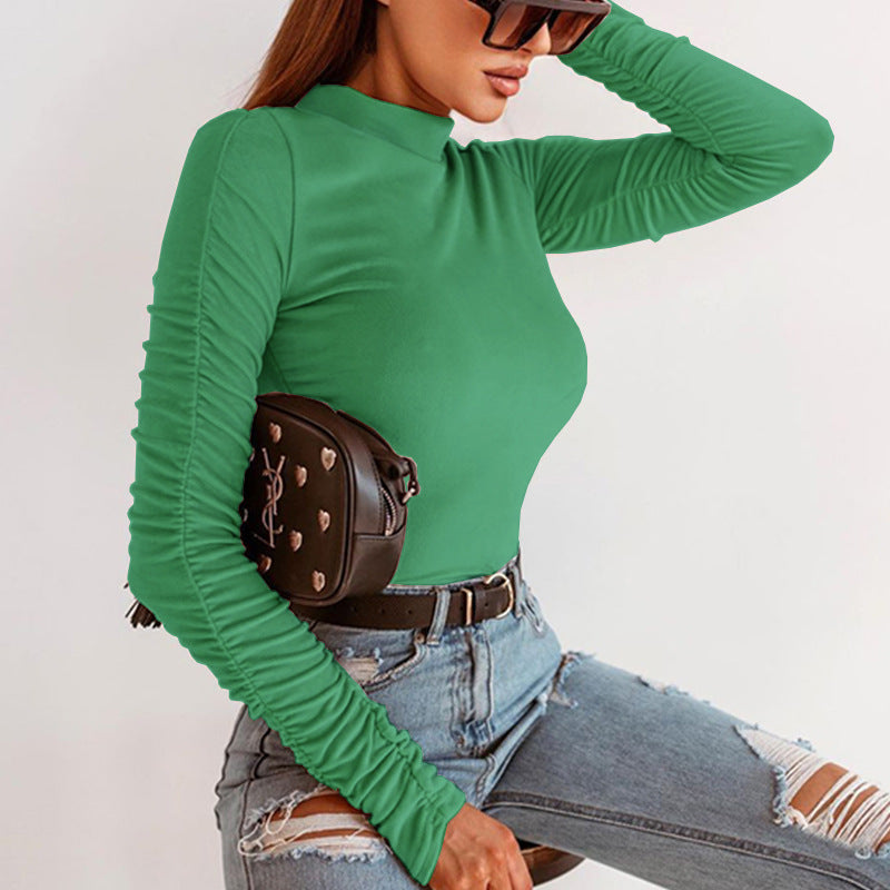 New Solid Color Temperament Versatile Pleated Long Sleeves